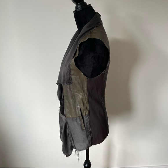 Jackett…etc Green Leather Brown Ribbed Cotton Panel Chiffon Drape Vest Size XS - Picture 2 of 9